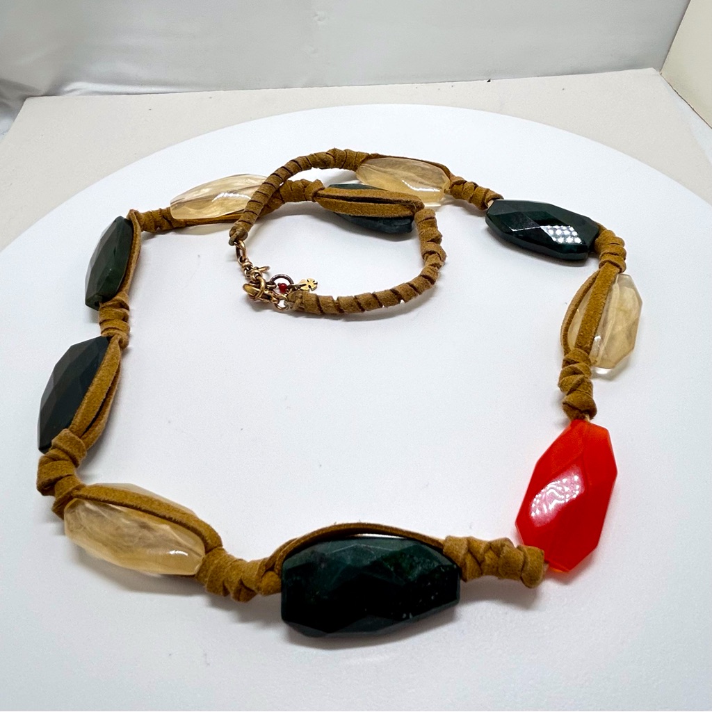 Lucky Brand Long Chunky Dyed Quartz Stone And Leather Necklace 15$